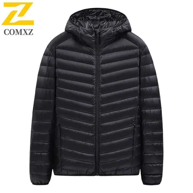 COMXZ Men's Winter Jacket Short Trendy Lightweight Casual Street Puffer Jacket Travel Versatile Solid Color Hooded Down Jackets