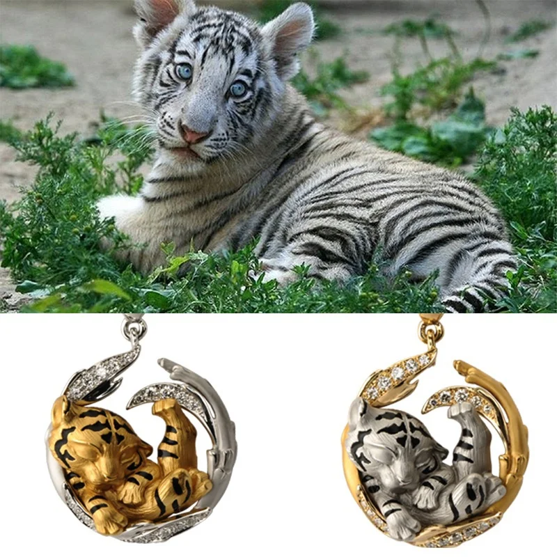 Luxury Charm Tiger Pendant Necklace for Women Two-tone Animal Cute Tiger Crystal Necklace Lovers Jewelry for Women Collares