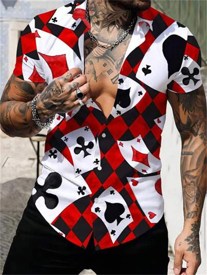 Men's Poker and Geometric Pattern Printed Short Sleeve Shirt Half Sleeve Loose Casual Punk Style Cardigan Shirt