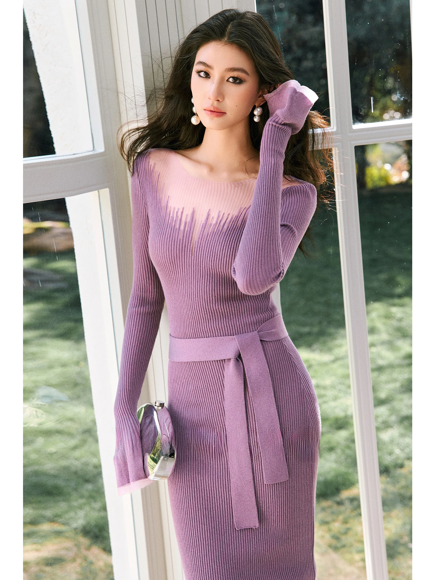 

WANGXO Sparkling Wool Gradient Transition Thin Mesh Knitted Short Dress Belted Slim Fit Hip Hugging City Commute Suitable