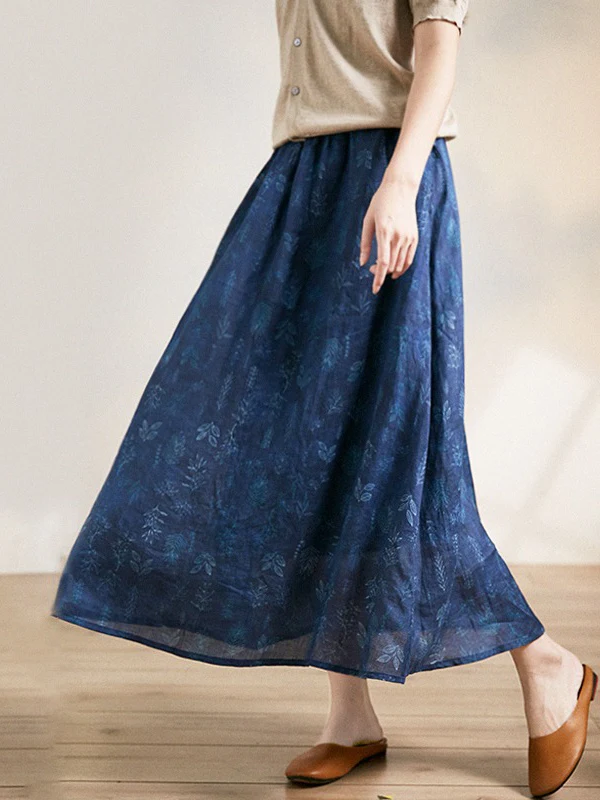 

Retro Cotton Linen Floral Print Long A-Line Skirt Women's Elastic Waist Slimming Younging Large Size Half-length Skirts