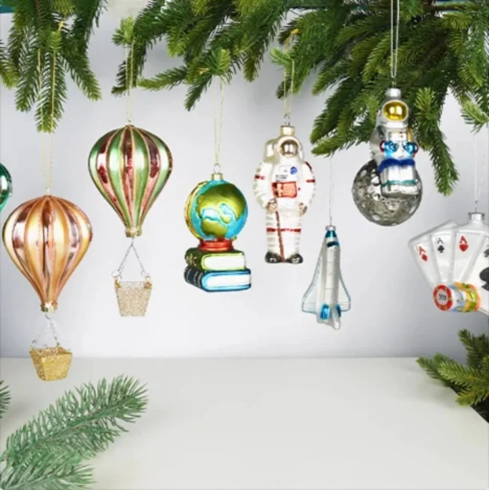 Christmas Decoration Creative Glass Painting Hanging Craft Astronaut Globe Airplane Poker Hot Air Balloon Christmas Tree Pendant