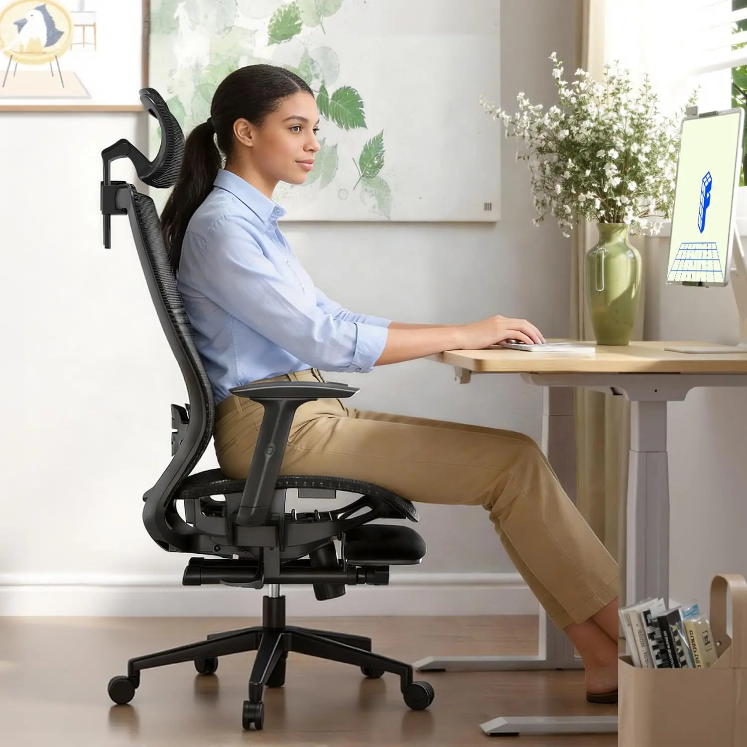 Ergonomic Office Chair with Footrest, Mesh Back Computer Chair, Home Office Desk Chairs, with Adjustable, Customized