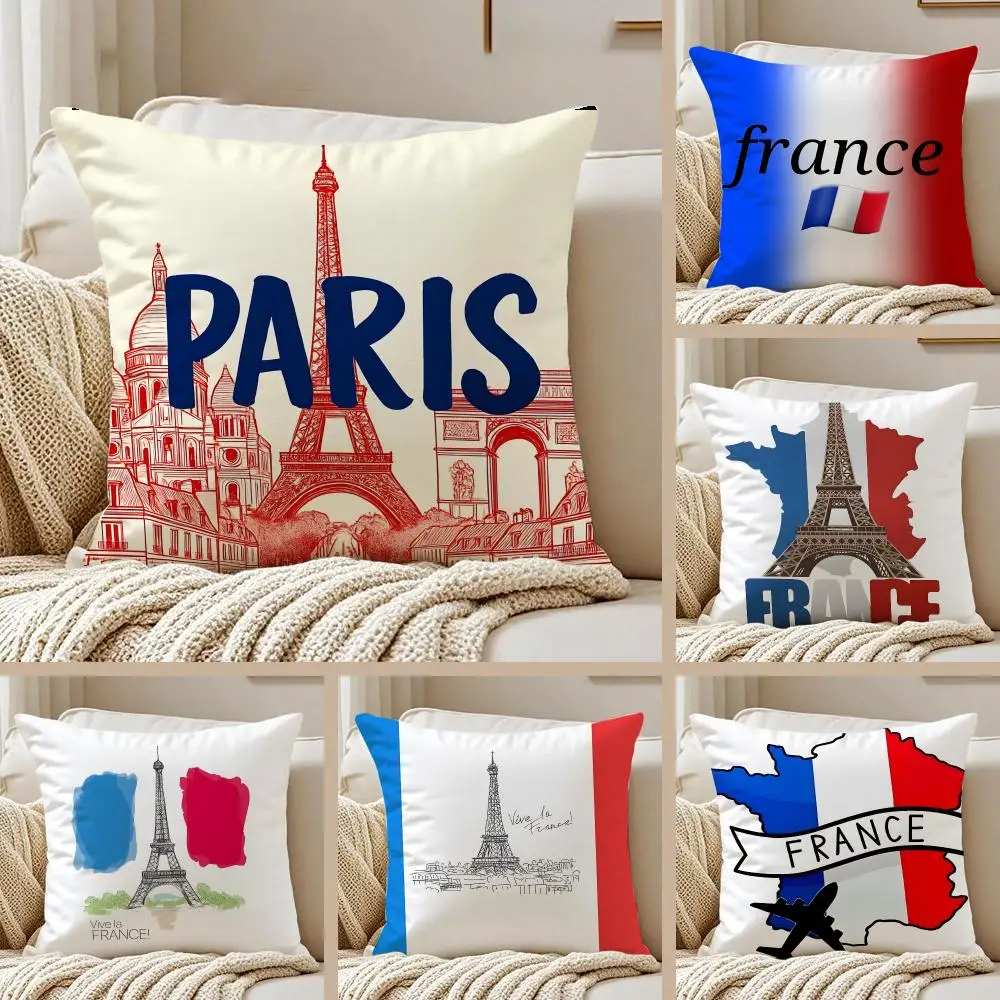 Romantic Travel P-Paris France Cushion Cover Pillowcase Anti-dustmite Invisible Zipper Short Plush Sofa Cushion