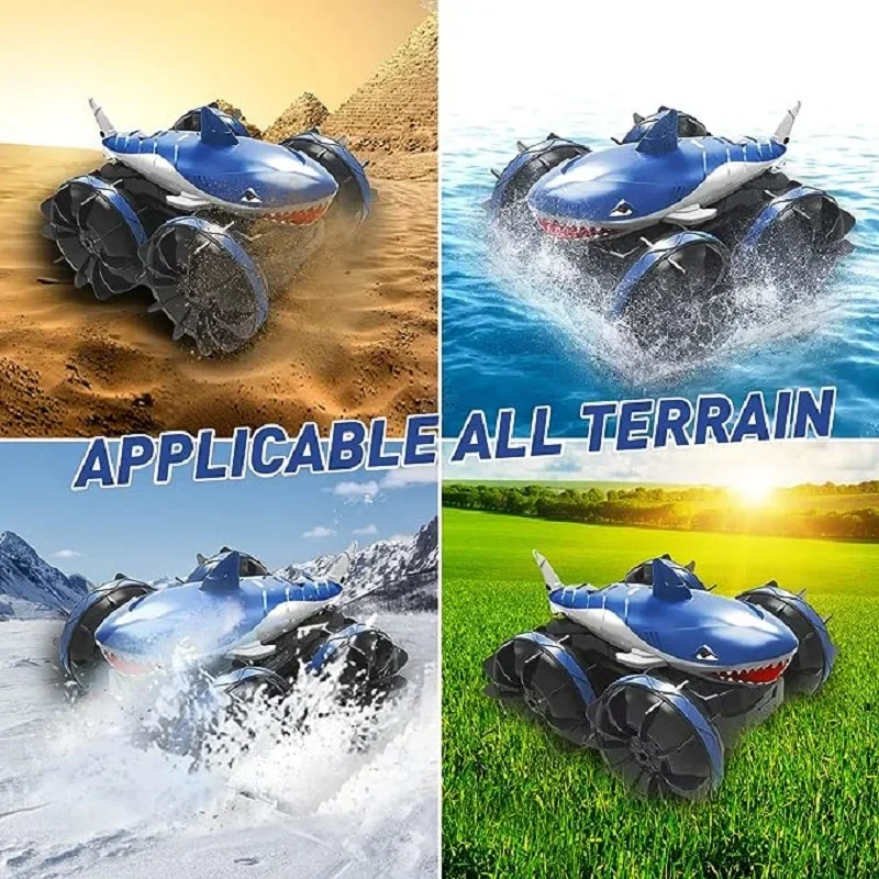 Remote Control Amphibious Car Unique 2.4Ghz Water-resistant RC Truck Stunt Car Shark Shape Stunt Pool Toy Off Road All Terrain