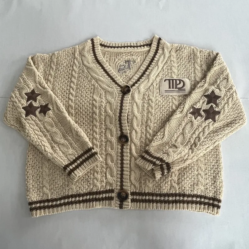 Autumn Fashion Star Embroidered Khaki Knitted Cardigan Women Sweater Y2k Winter Warm  Loose Fit Long Sleeves Holiday Cardigan