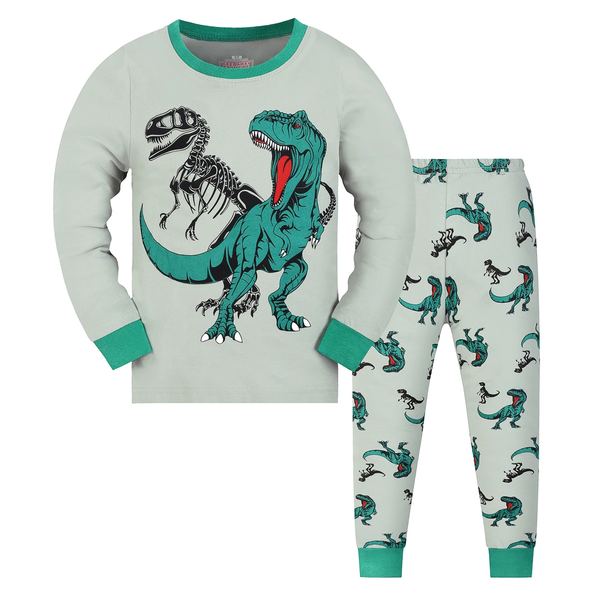 1615 Flammhemmendes Cartoon-Dinosaurier Jungen Langarm- und Langhosen-Pyjama-Set, Geeignet für Jungen im Alter von 2 bis 9 Jahren
