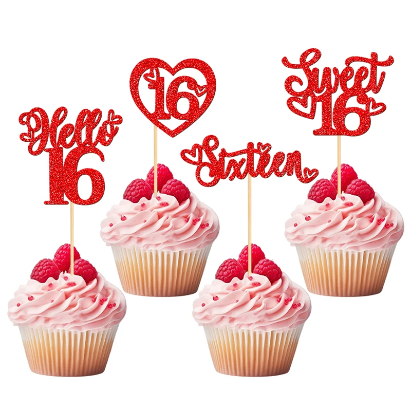 NUBECOM 24 Stück Sweet 16 Kuchendekoration Glitzer Hello 16 Cupcake-Topper Sixteen Happy 16th Cupcake-Dekorationen Geburtstagstorten-Aufsätze – Detail 6