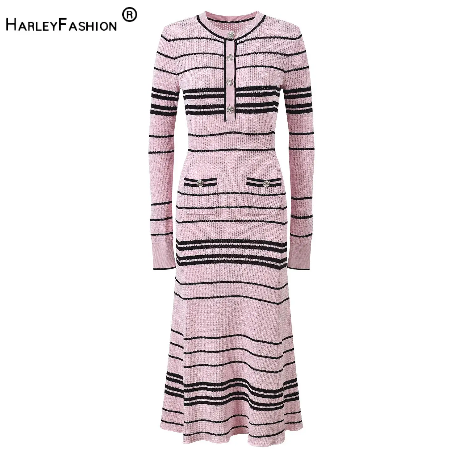 2026 Autumn New Arrival Colorblock Lady Fashion Wear O-neck Long Sleeve Single-breasted Striped Knits Mermaid Dress for Women