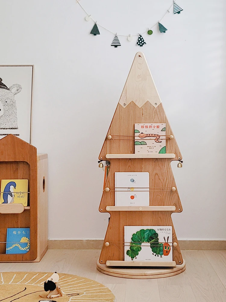Christmas Tree Rotating Bookshelf All Solid Wood 360 Degrees Multi-Layer Bookcase Storage Children Picture Book Rack