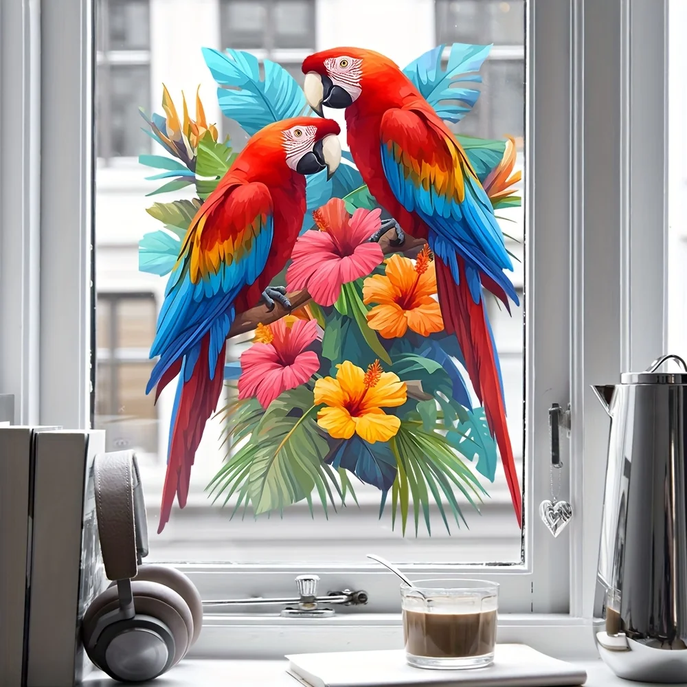 1pc Scarlet Macaw Tropical Flower Wall Sticker, Self-Adhesive Decorative Sticker, Suitable for Windows, Living Room, Balcony