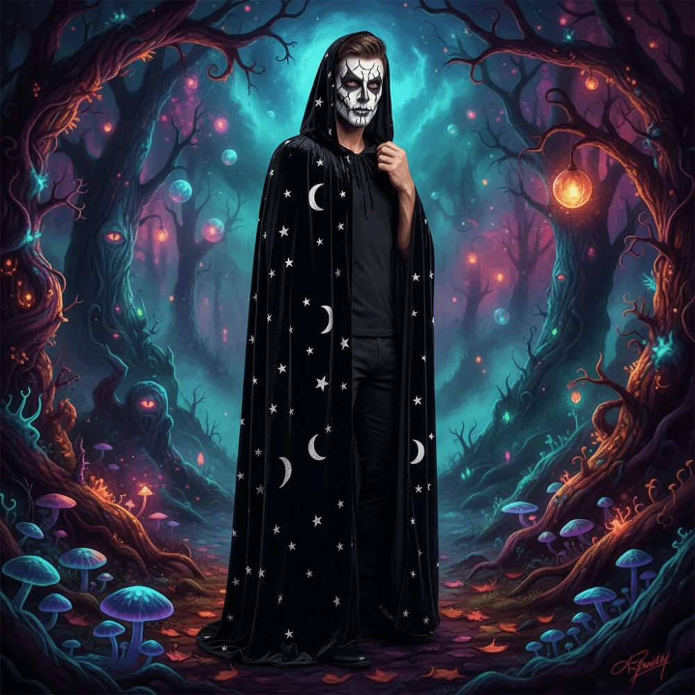 Tie Up Closure Velvet Hooded Cloak Soft Fabric Flowy Drape Gothic Party Apparel Foil Printed with Hood Costume Robe Cosplayers