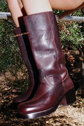 Leather Knee High Block Heel Boots Square Toe Slip On Fashion 2024 Winter Women Dress Shoes Chunky Thick Heel Runway Shoes