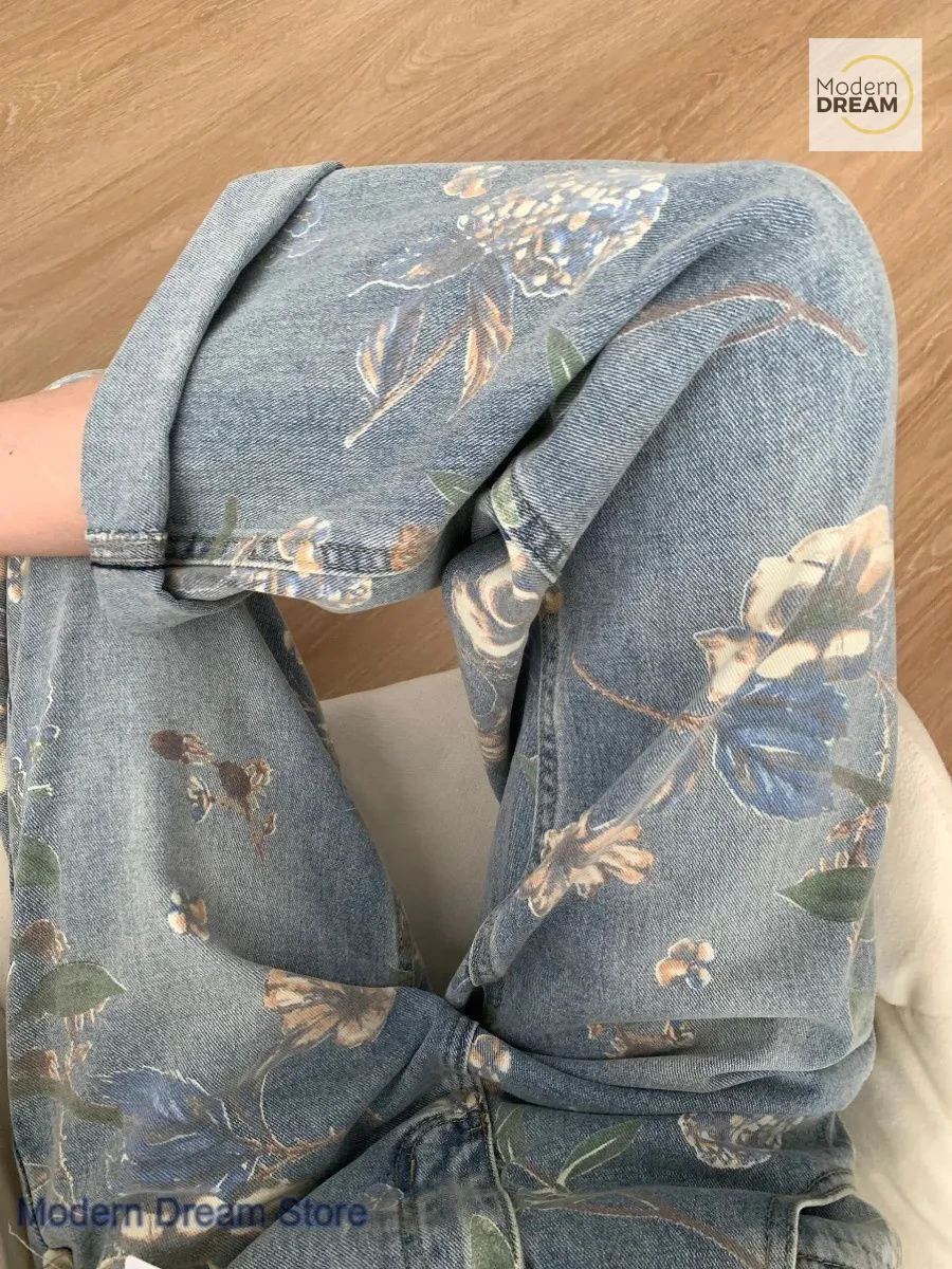 American Street Retro Print Jeans Women's New Summer Fashion Style Relaxed and Versatile Design Casual Mopping Wide-Leg Pants.