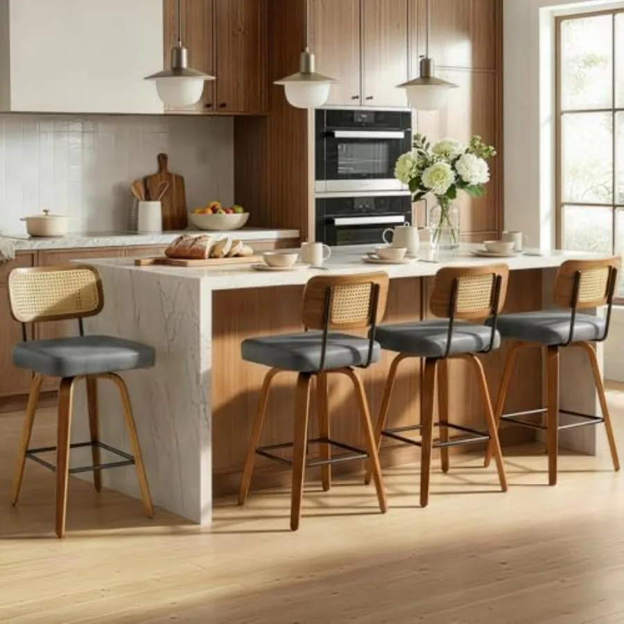 

Swivel Bar Stools Set of 4, 26" Upholstered Counter Height Bar Stools with Rattan Back and Bent Walnut Wood Legs, Faux Leather