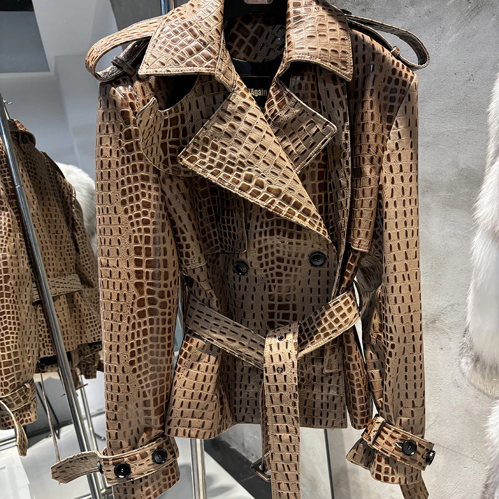 YOLOAgain Double Breasted Croc Pattern Leather Jacket Women 2026 Autumn New Genuine Leather Jacket Ladies