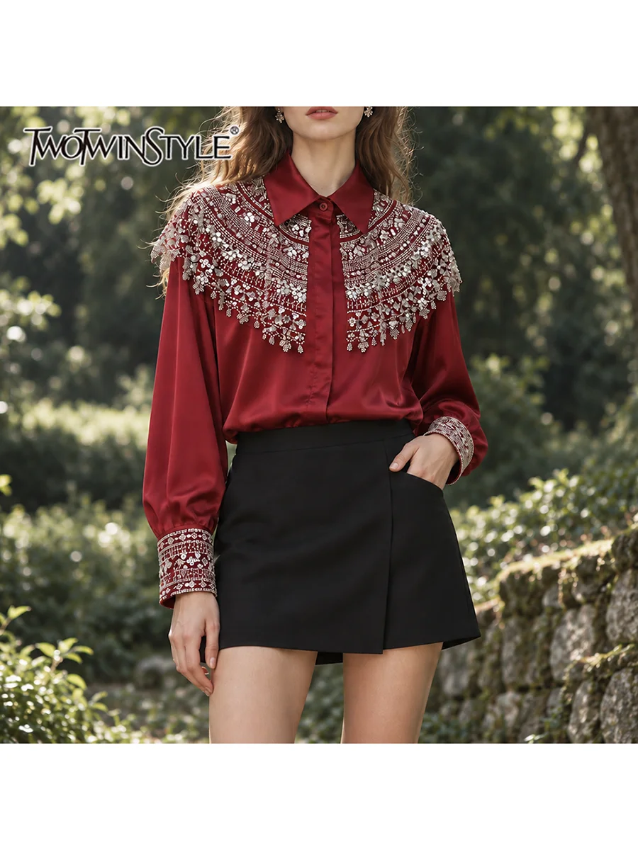 TWOTWINSTYLE Sequined Spliced Ruffled Slimming Blouse for Women Round Collar Long Sleeve Patchwork Button Casual Blouses Female