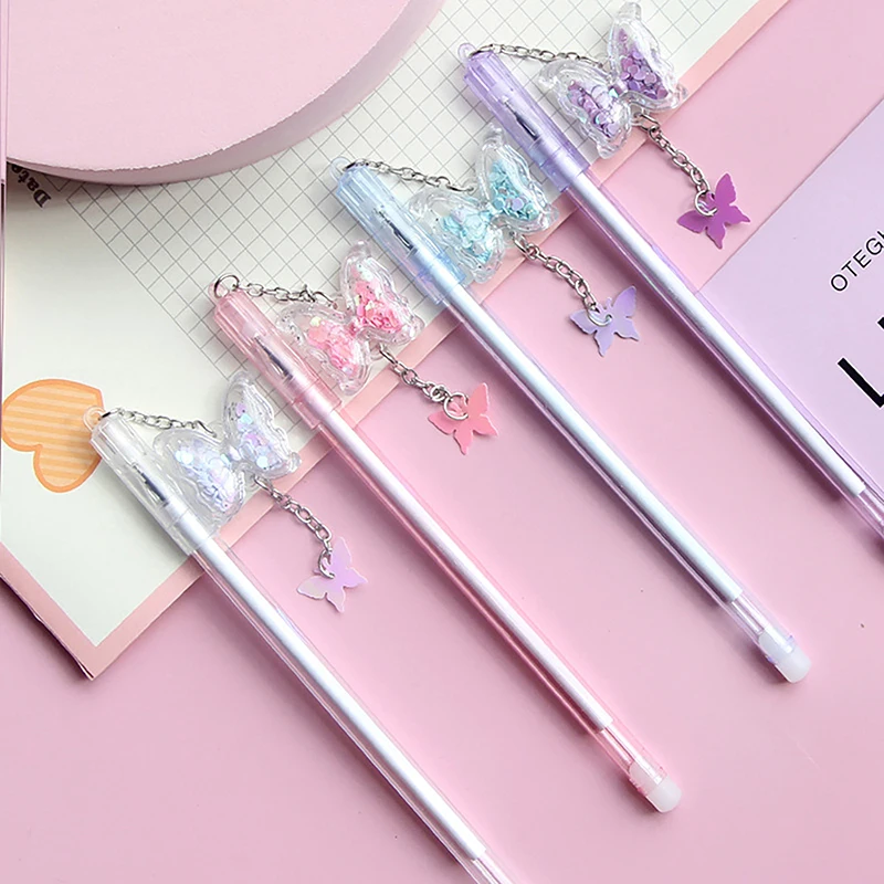 Bonito dos desenhos animados Borboleta Pingente Caneta Gel, Kawaii Escola Material de Escritório, Papelaria Estudante, Linda Caneta Escrita, Tinta Preta, Presente, 0.5mm