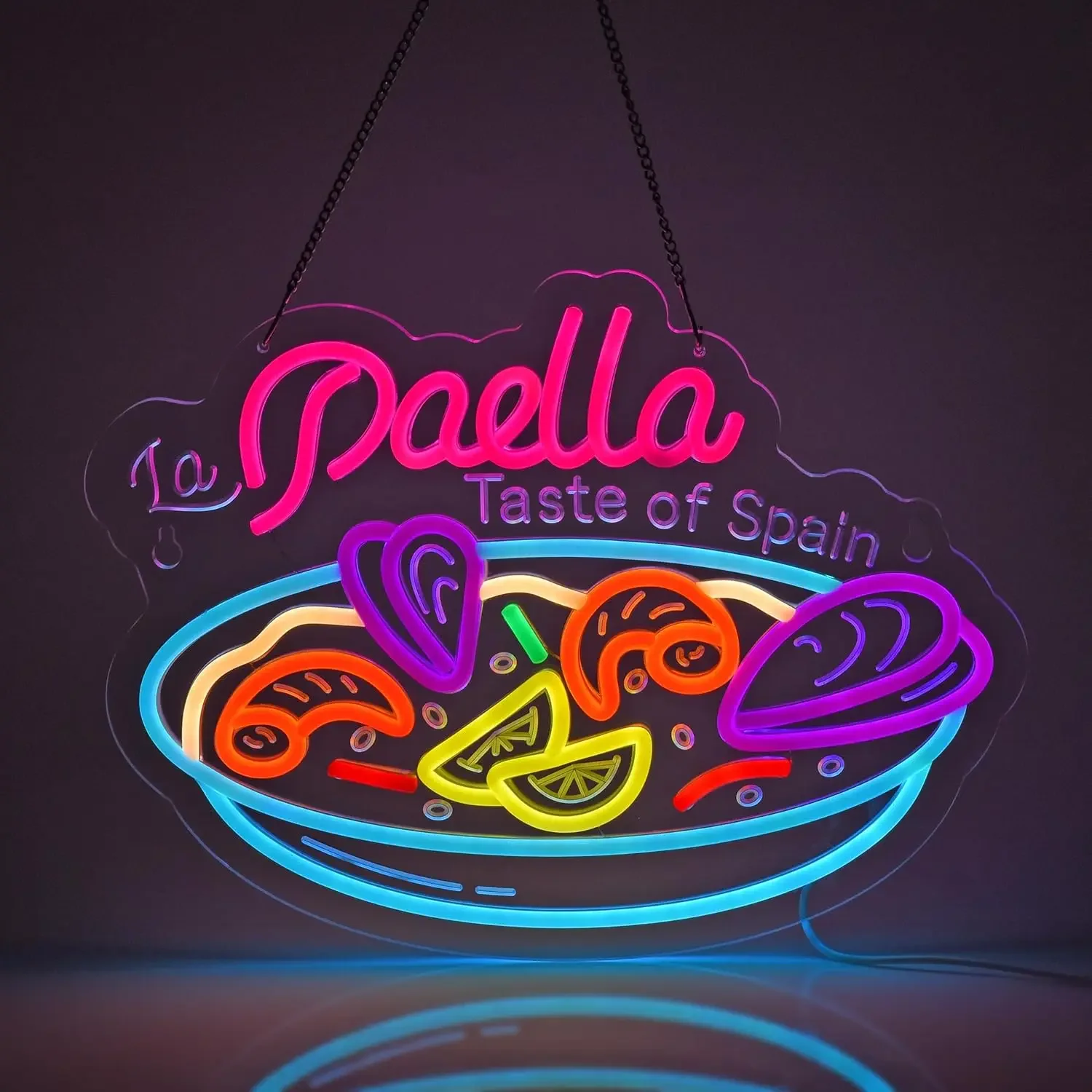 La Paella Taste of Spain Neon Sign Pink Blue Purple LED Wall Art Acrylic USB Powered Dimmable Light Decor for Spanish Restaurant