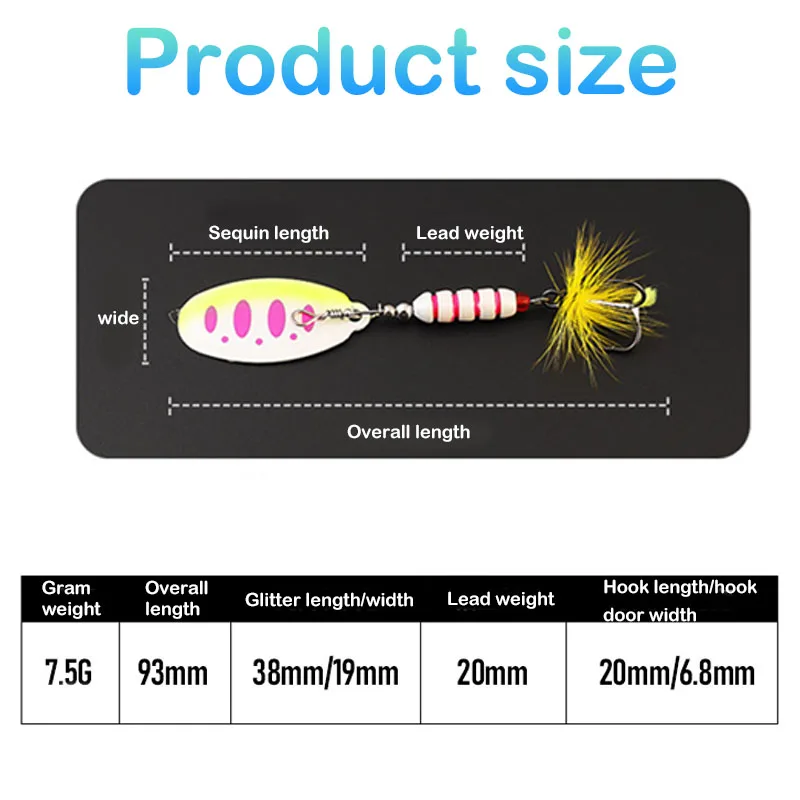 스피너 스푼 금속 낚시 미끼 스팽글 크랭크베이트 스푼 미끼, 배스 송어 퍼치 파이크 회전 롱 스로우 미끼 후크, 7g