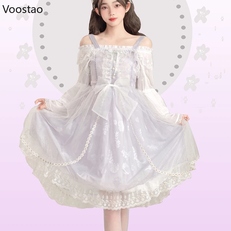 Japanese Sweet Lolita Jsk Dress Women Elegant Shell Jacquard Lace Ruffles Bow Princess Dresses Girls Cute Sleeveless Party Dress