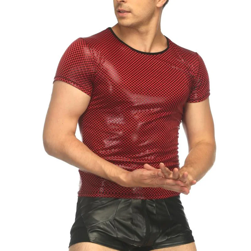 طاقم الرقبة تي شيرت بلايز سترة العضلات زي ملهى ليلي ارتداء كلوبوير حفلة قصيرة الأكمام سليم صالح براءات الاختراع والجلود