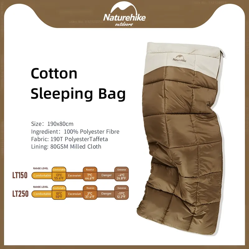 Naturehike Camping 1 Person Cotton Sleeping Bag Splicable Ultralight Sleeping Bag Winter Outdoor Hiking Waterproof Sleeping Bag