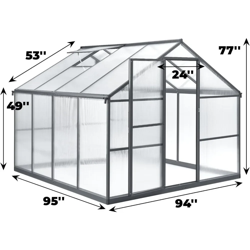 8 X 8 FT Greenhouse with Adjustable Roof Vent, Polycarbonate Garden Backyard Greenhouses, Aluminum Large Walk-in Greenhouse