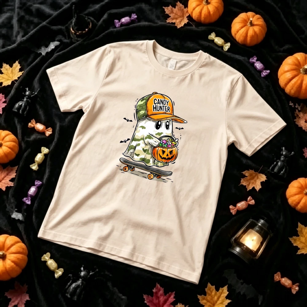 Candy Hunter Ghost Graphic T‑Shirt Cool Camouflage Ghost Skateboard Pumpkin Candy Bucket Cap Trick or Treat Funny Casual Tops