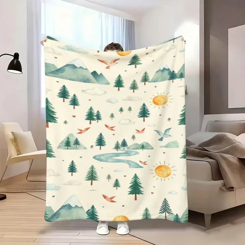 Beige Background Camper Van Pine Tree Happy Camping Fleece Blanket For Rustic Bedroom Decor Soft Warm Throw Blanket Wrap