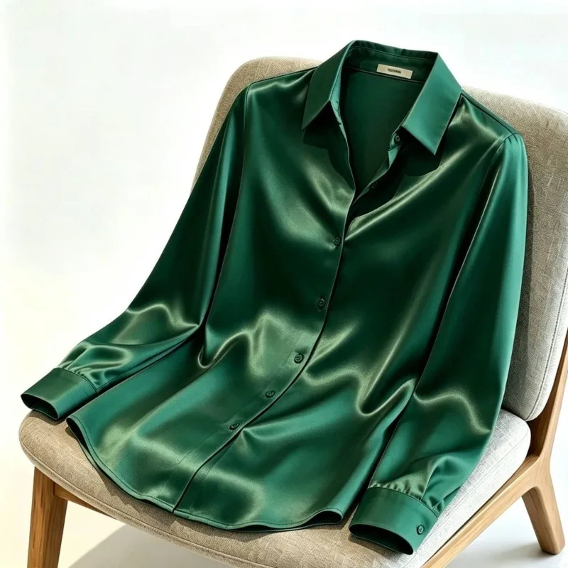 

2026 Summer Women's High End Mulberry Silk Shirt Loose Women's Long Sleeved Imitation Silk Shirt Solid Color Top