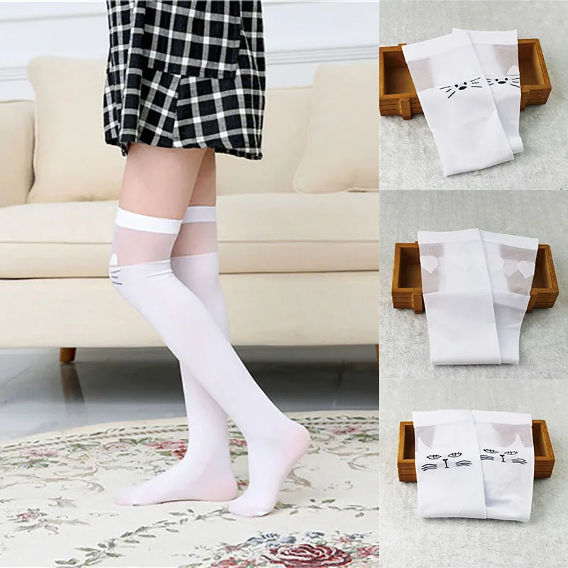 Summer Thin New Breathable Children Tube Socks Girls Over The Knee Girls Stockings Cat Half High Tube White