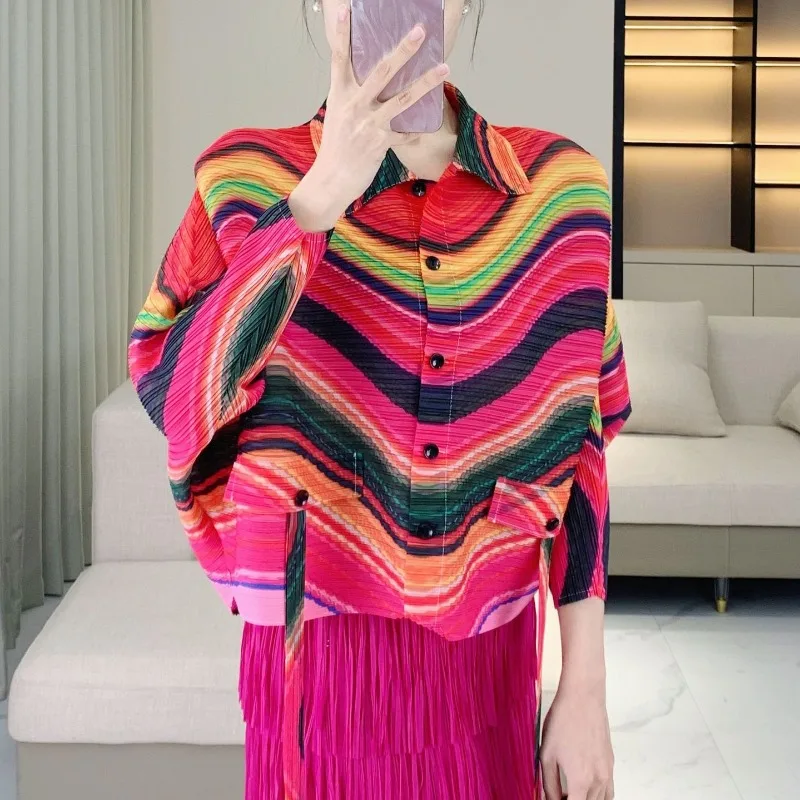Miyake Colorful Striped Pleated Cardigan 2026 New Loose Single-Breasted Long-Sleeve Shirt Women's Plus Size Stretch Top Jacket