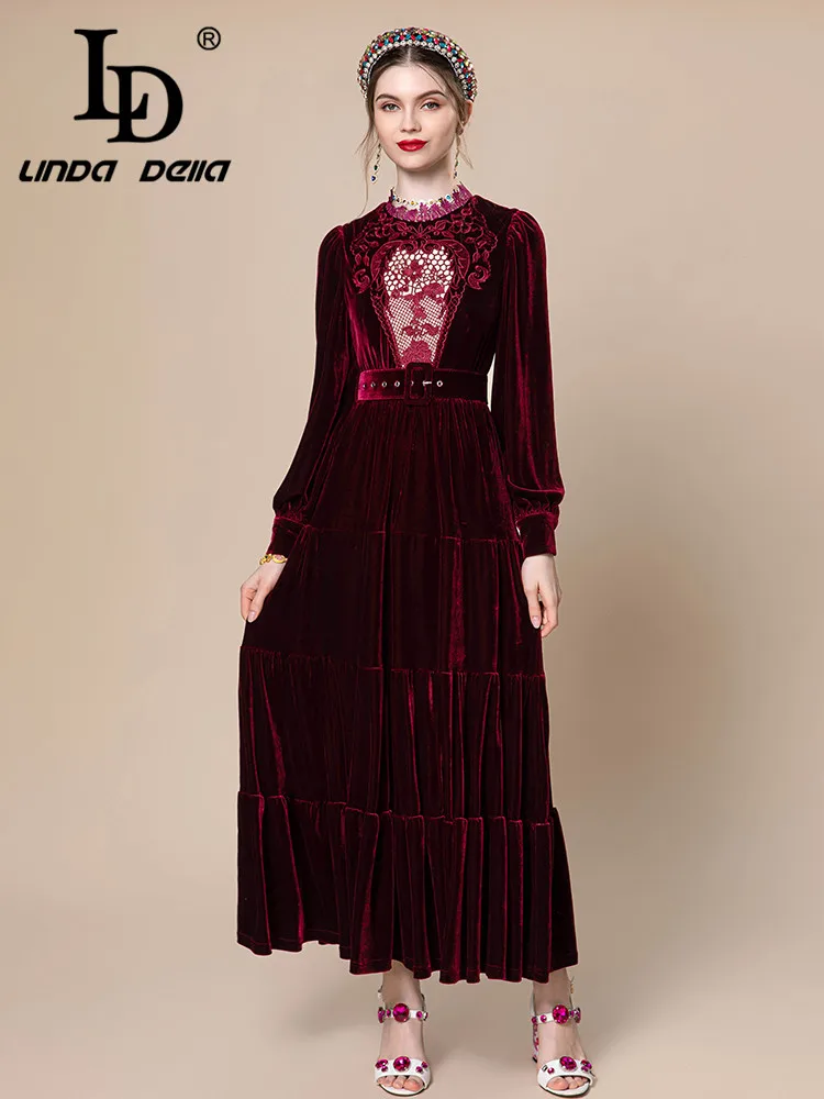 LD LINDA DELLA Autumn winter Vintage Dress Women\'s Wine red Embossed hollow Belt Cascading Ruffle Splice Draped Thick Long Dress