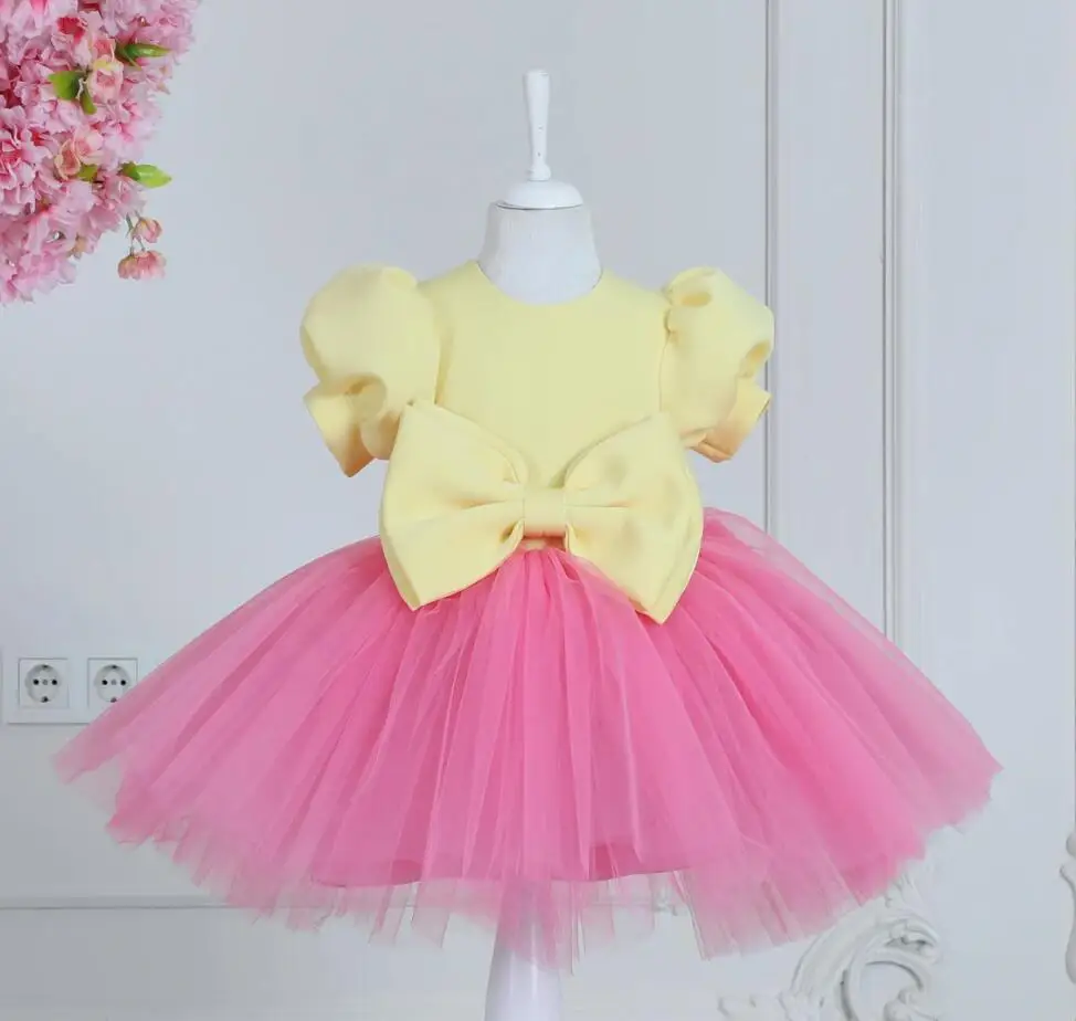 Gorgoues Baby Girl Dress Tutu Outfit Pink Tulle Yellow Top Baby Dress Toddler Girl Puff Sleeve Birthday Dress Party Gown 12M