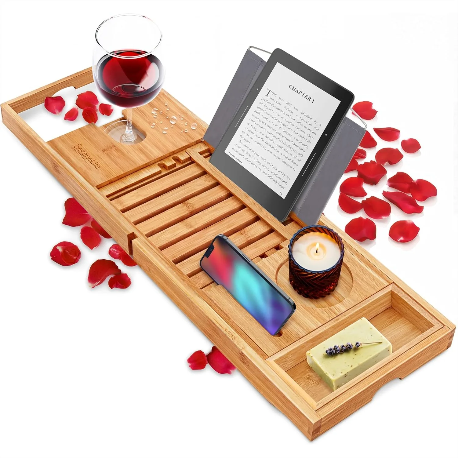 

Expandable Bathtub Tray Caddy, Bamboo Bath Tray with Wine Holder & Non-Slip Grips, Universal Fit for Most Tubs, Housewarming