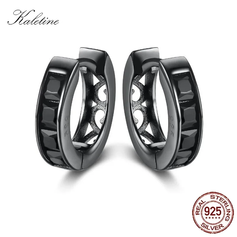 

KALETINE Hip Hop Genuine 925 Sterling Silver Small Hoops CZ Black Gold Color Huggie Earrings For Women KLTE010 Men
