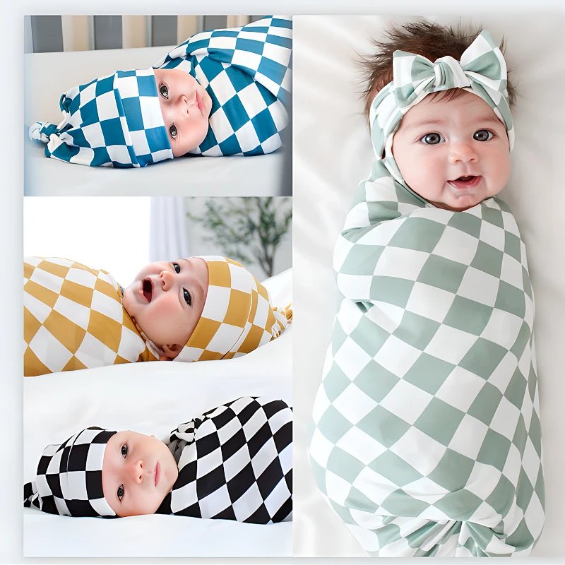 

Simple Grid Style Newborn Swaddle Wrap Muslin Plaid Printed Baby Blanket+Headband+Newborn Caps Sets Cotton Soft Baby Accessories