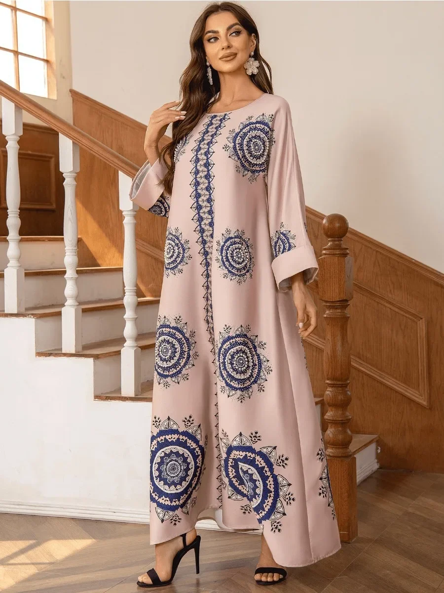 Eid Muslim Party Dress for Women Ramadan Abaya Long Dress Beading Print Morocco Kaftan Vestidos Largos Dubai Robe Jalabiya 2024