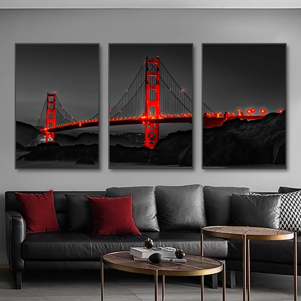 3PCS Bezramowy plakat Golden Gate Bridge Nocny krajobraz Płótno Malarstwo Wall Art Wydruki Obrazy do salonu Wystrój domu