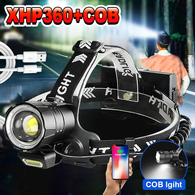 XHP360 COB LED Headlamp Powerful Headlight Flashlight 18650 USB Rechargeable XHP199 Head Light Zoom Waterproof Head Lamp Lantern