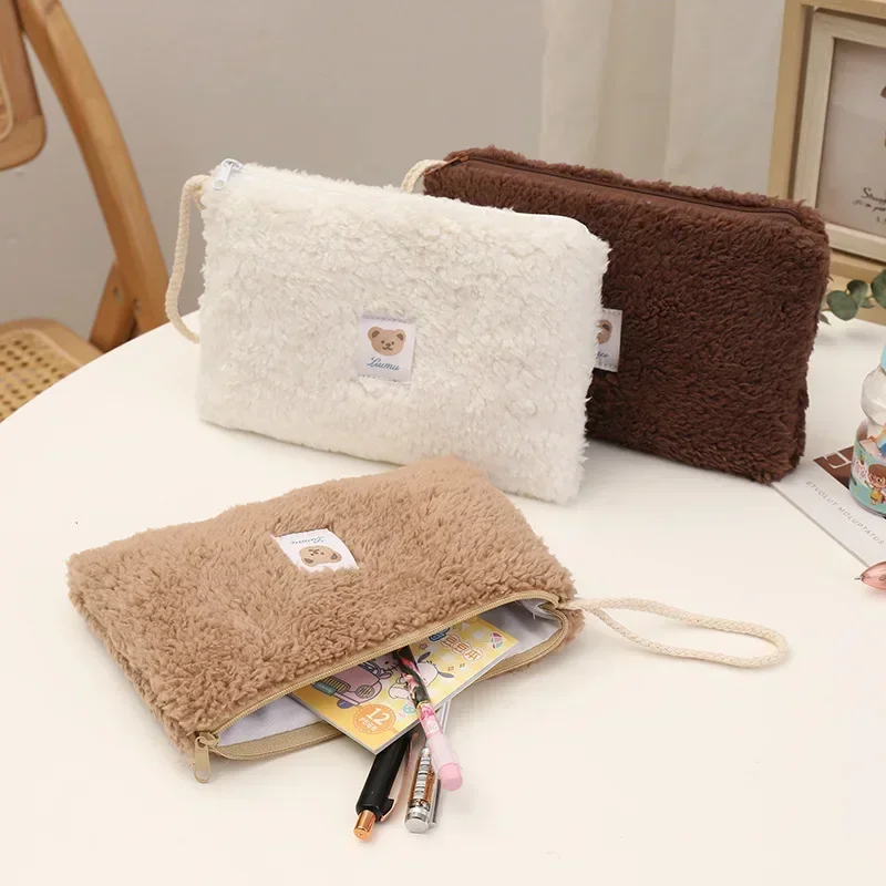 Cute Small Bear Plush Cosmetic Bag Makeup Organizer Lambswool Pouch Pencil Case Bags Travel Coin Purse Household Storage