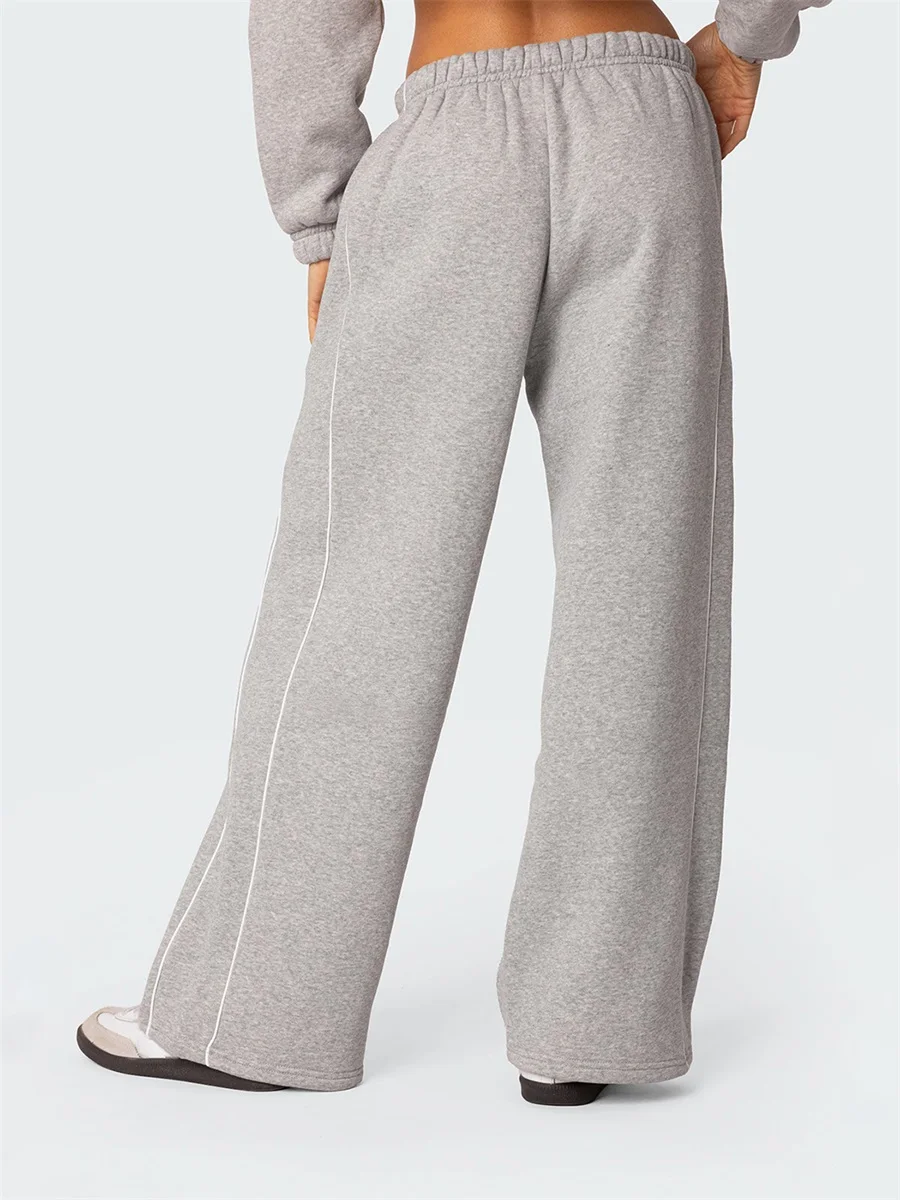 Women s Fall Sweatpants White Trim Elastic Waist Loose Sports Trousers with Pockets