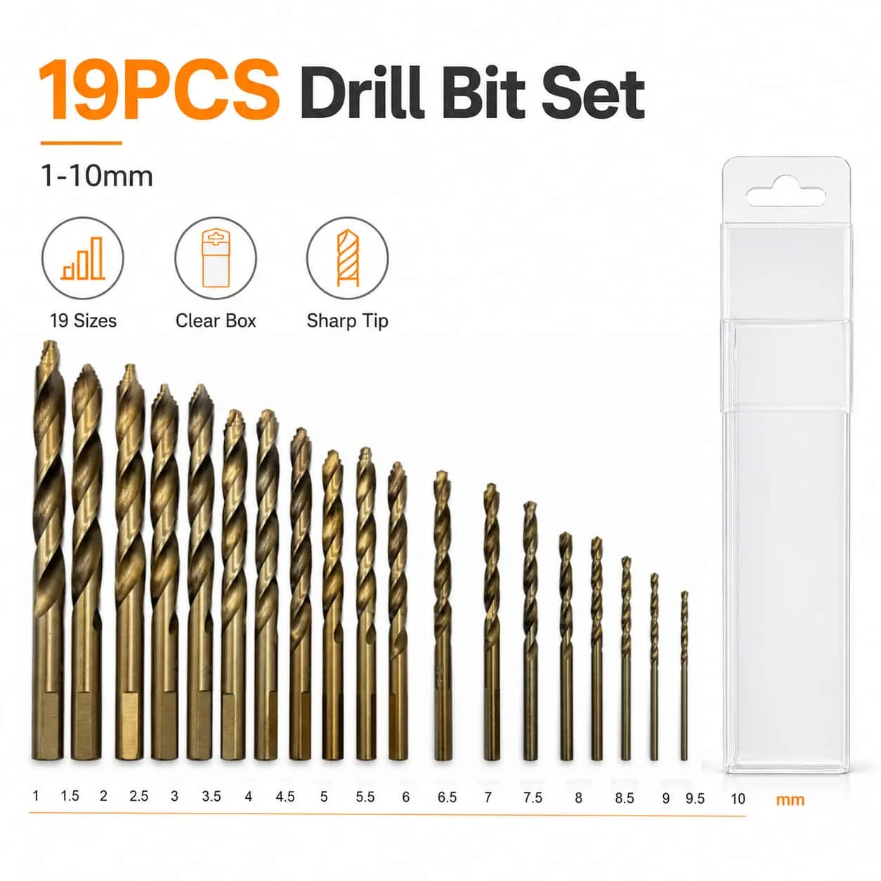 19個入り-チタンコーティング-1mm-10mm-ツイストドリルビットセット-フラットシャンク-シャープドリルビット-金属・木材・プラスチック・アクリル-diy穴あけ作業用