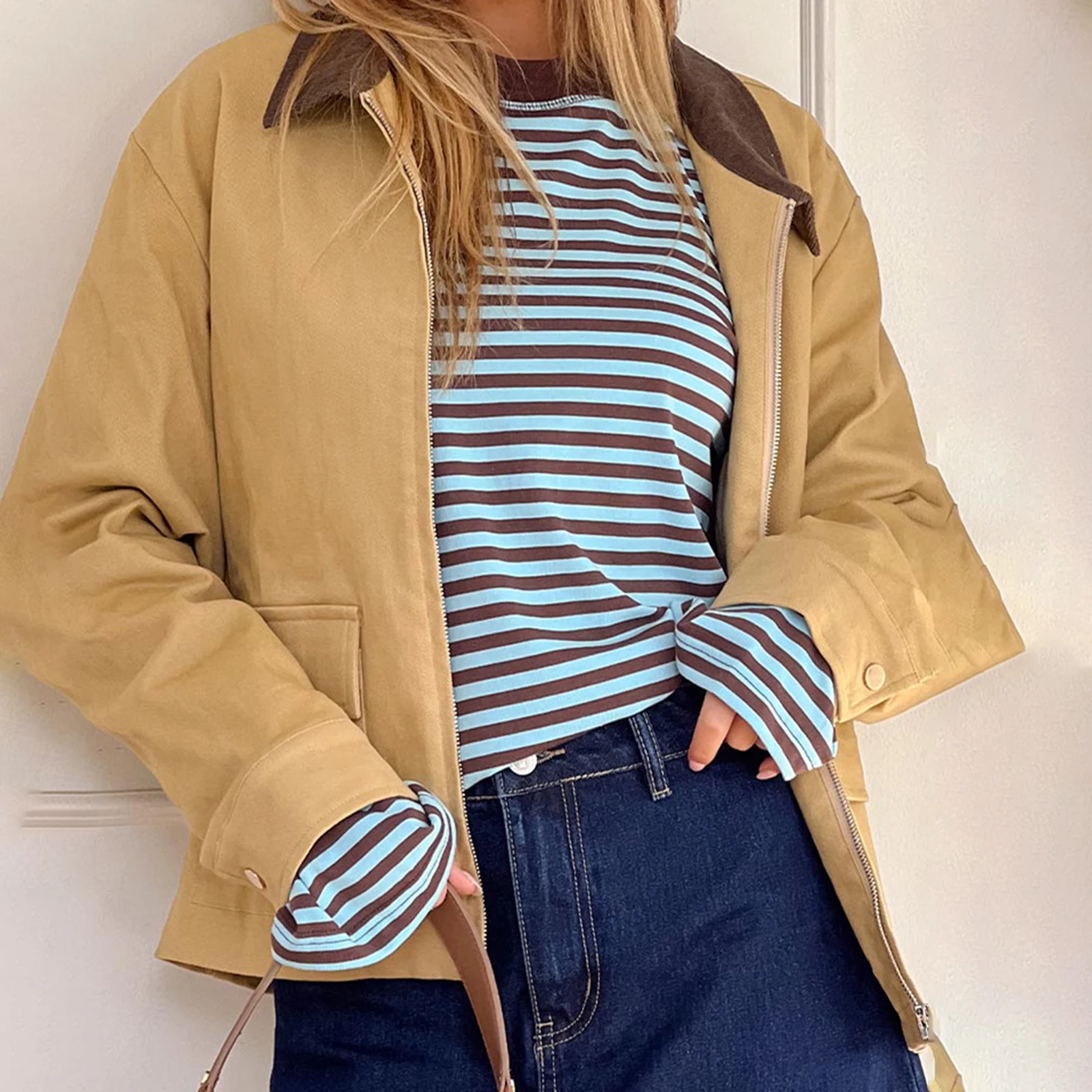 Camiseta de manga larga a rayas para mujer Y2k, sudadera de gran tamaño con cuello redondo, Tops estéticos Vintage con hombros caídos para salir