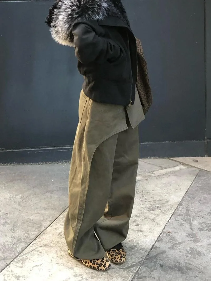 

Американские лоскутные рабочие брюки в стиле пэчворк, женские летние новые пикантные брюки для девочек, деконструированный дизайн, искусственные двухсекционные брюки длиной до пола