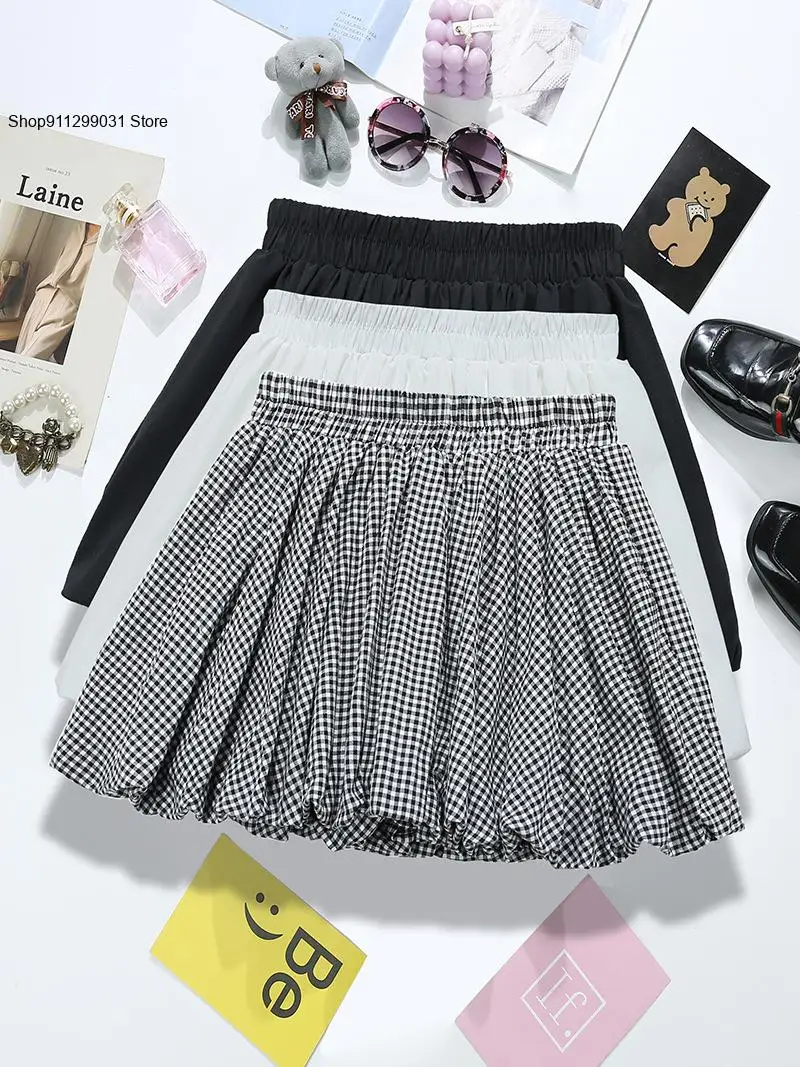 Summer and Autumn Color Blocking Grid Elastic Waist Cloud Anti Light Wrinkling Fluffy Lantern Flower Bud Pants Skirt Women