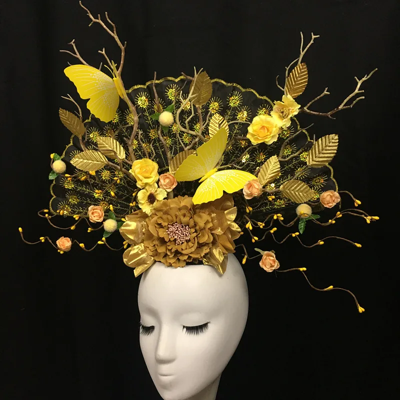 Chinese style stage model catwalk golden yellow exaggerated bright butterfly flower dead branch creative modeling fan headdress