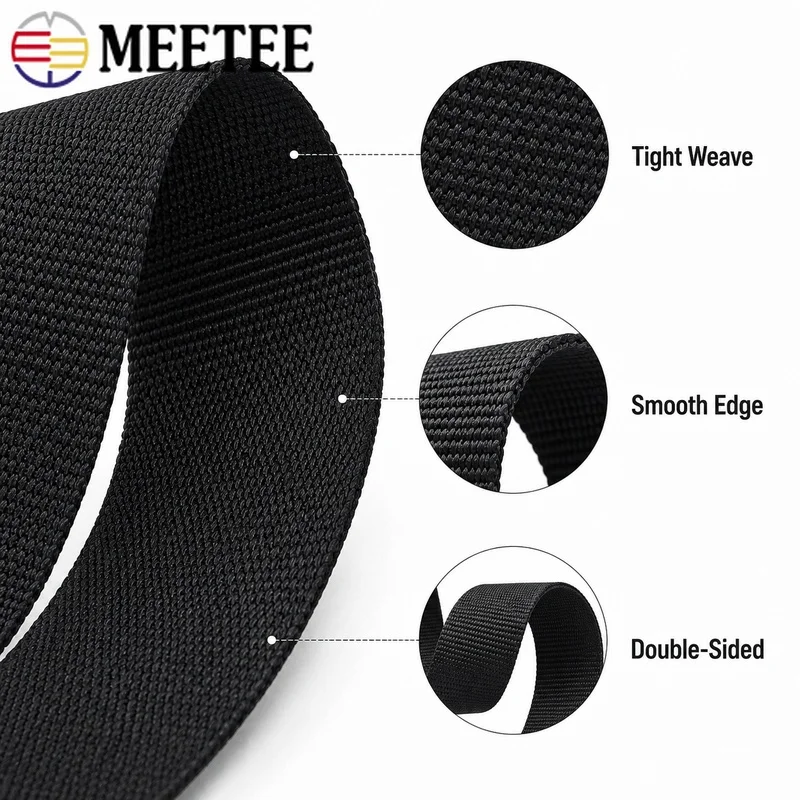 10/20Meters 20-50mm Black 2mm Thick Webbing Tape for Backpack Belt Sling Bag Strap Luggage Sewing