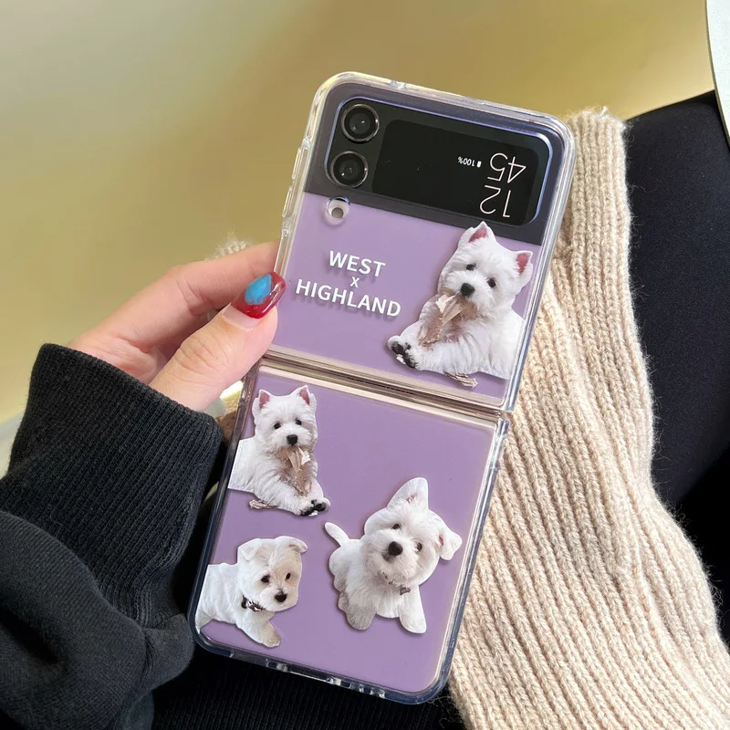 Милый чехол для телефона Corgi Highland Dog для Samsung Galaxy Z Flip 4 3, жесткий чехол для ZFlip3 Zflip4 Flip5, твердый кронштейн